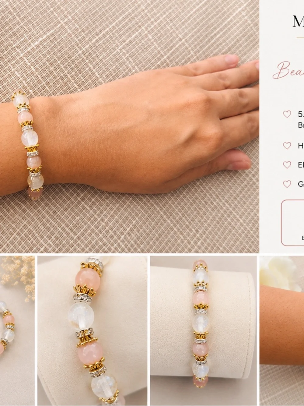 Gold-Accent Rose Quartz & White Crystal Beaded Bracelet